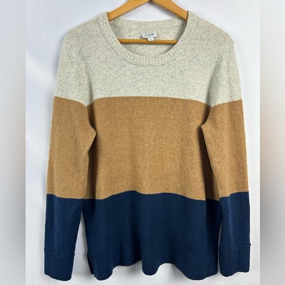 J. Crew Wool Blend Sweater Women's Size Large Tan Grey Navy Colorblock Knit - Picture 1 of 5